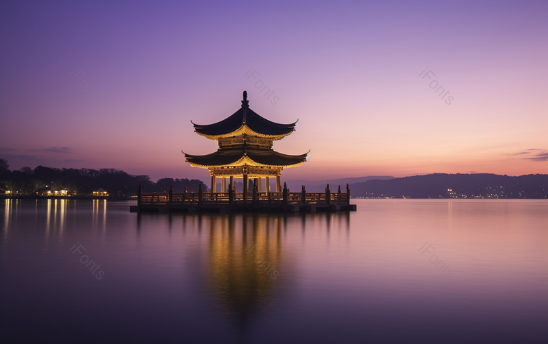 霞光湖面蓝紫西湖亭子倒影,高清,摄影图,摄影图片,图片大全,摄影图免费下载